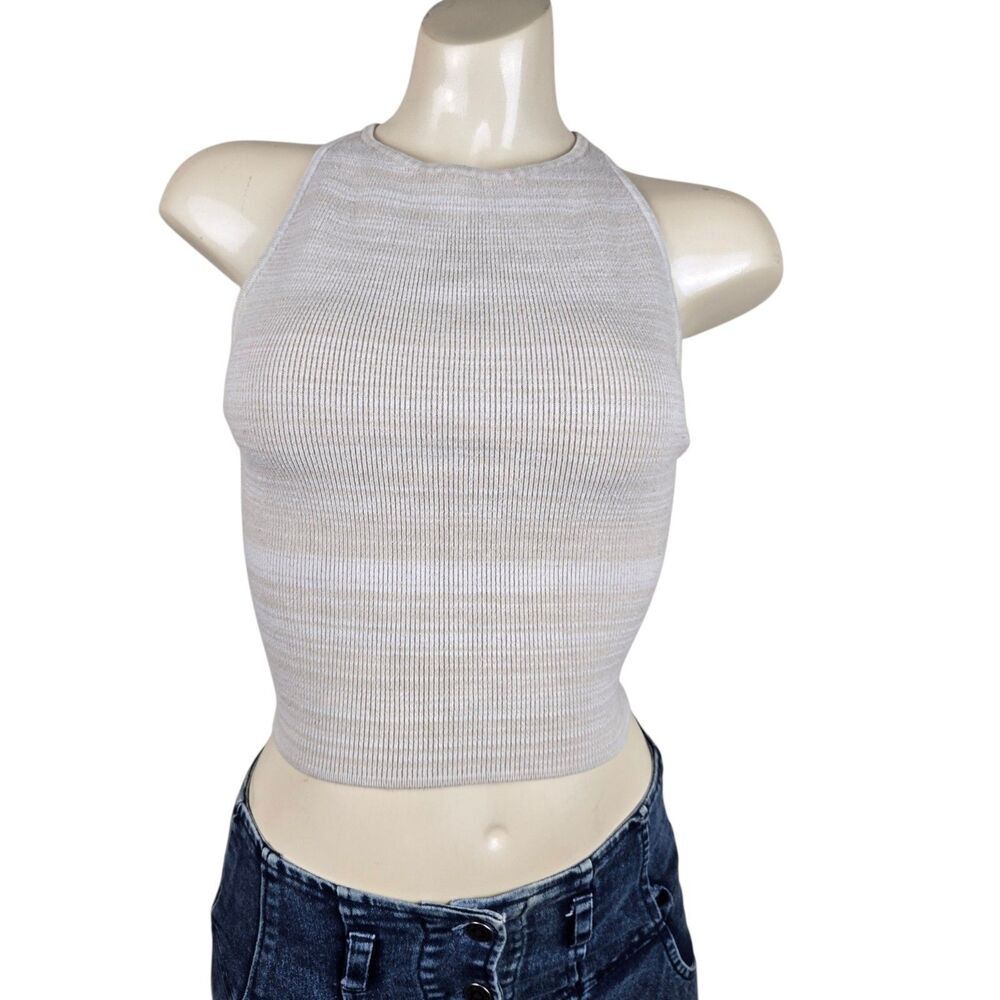 Hollister Crop Knit Halter Top Sz M Tan Striped Cross Back Boho Festival Y2K
